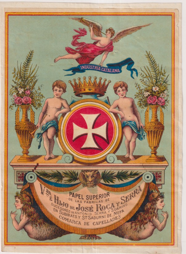 Pequeño Cartel (20x15 cm) Papel superior de las fábricas de Vda. é Hijos de José Roca y Serra. en Subirats y S. Sadurní de Noya (capellades)