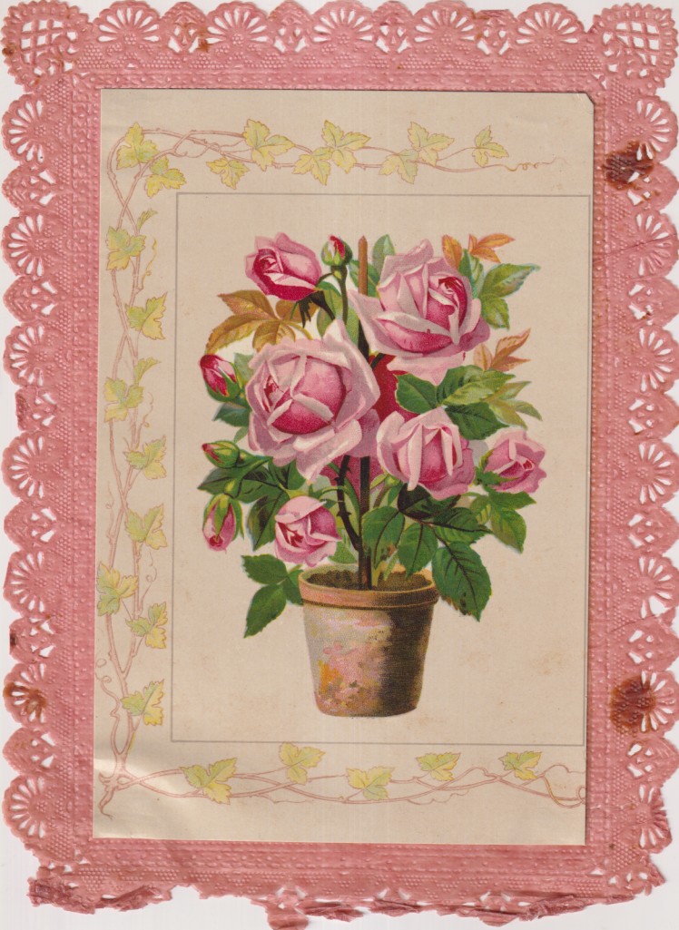 Pequeño cartel (14,5x22 cm) sobre hoja de puntillas. Publicidad de Frutas, pasa o flores de Málaga. ¿Federico Schneider? Conservación: Cartel bueno