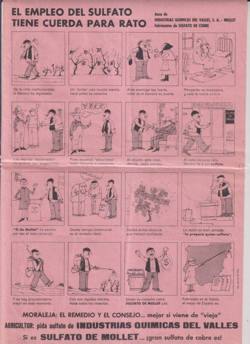 Auca El empleo del sulfato tiene cuerda para rato. (30x21 cm.) El sulfato de Mollet. Publicidad de industrias químicas del Valles.