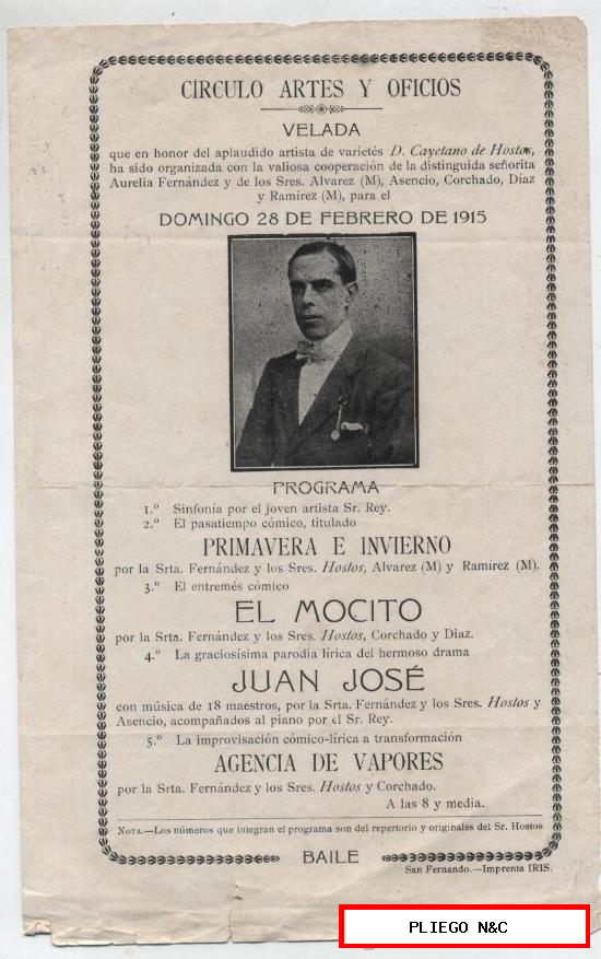Programa (21,5x13,5) Círculo Artes y Oficios. Velada 28 de Febrero de 1915. San Fernando