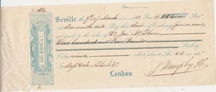 Letra de Cambio por 205 libras. Sevilla 9 Marzo 1853