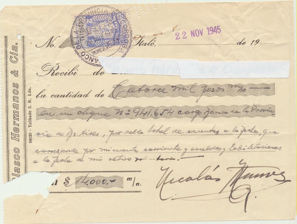 Recibo de cobro por 14.000 pesos Argentinos. Ytaló 22-11-1945. sello timbre de la Provincia de Córdoba