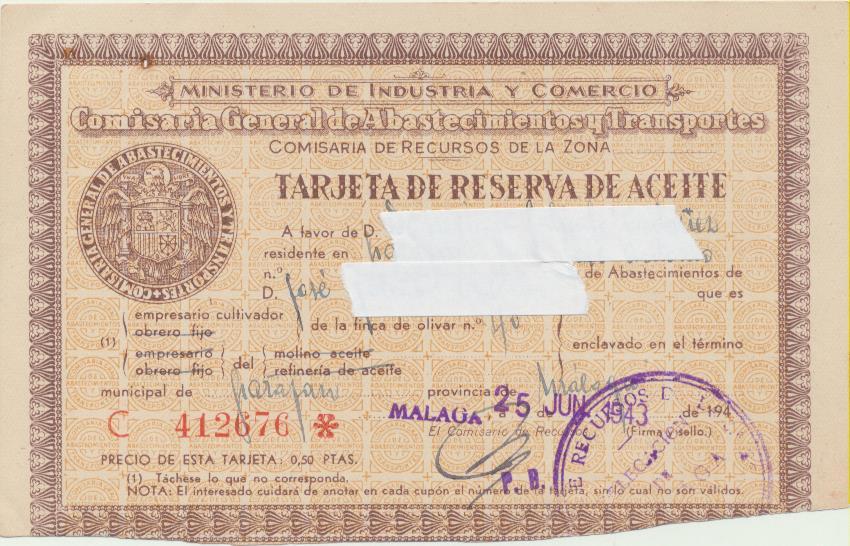 Tarjeta de Reserva de Aceite. Ministerio de Industria y Comercio. Faraján (Málaga) 1943