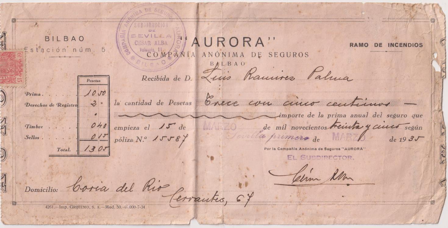 Aurora. Compañía de Seguros. Recibo de pago. Coria del Río (Sevilla) 1935