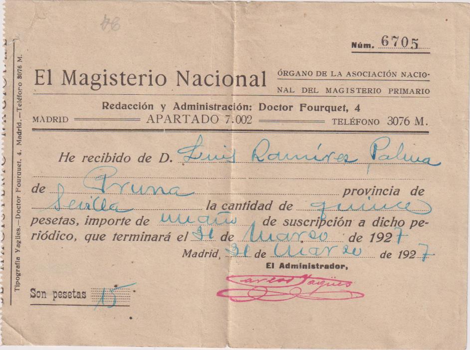 El Magisterio Nacional. Recibo de pago a suscripción anual. Año 1927
