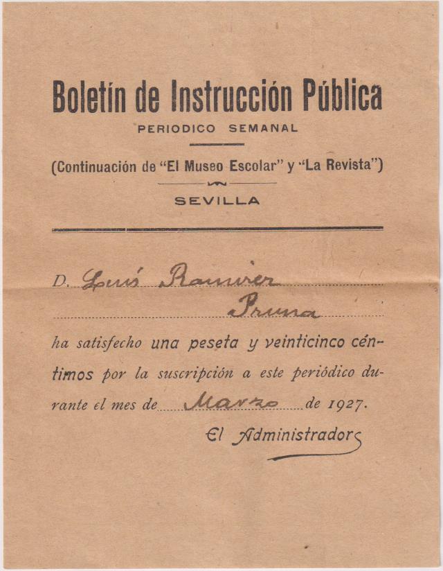 Boletín de Instrucción Pública. Sevilla. Recibo de pago a la Suscripción. 1927