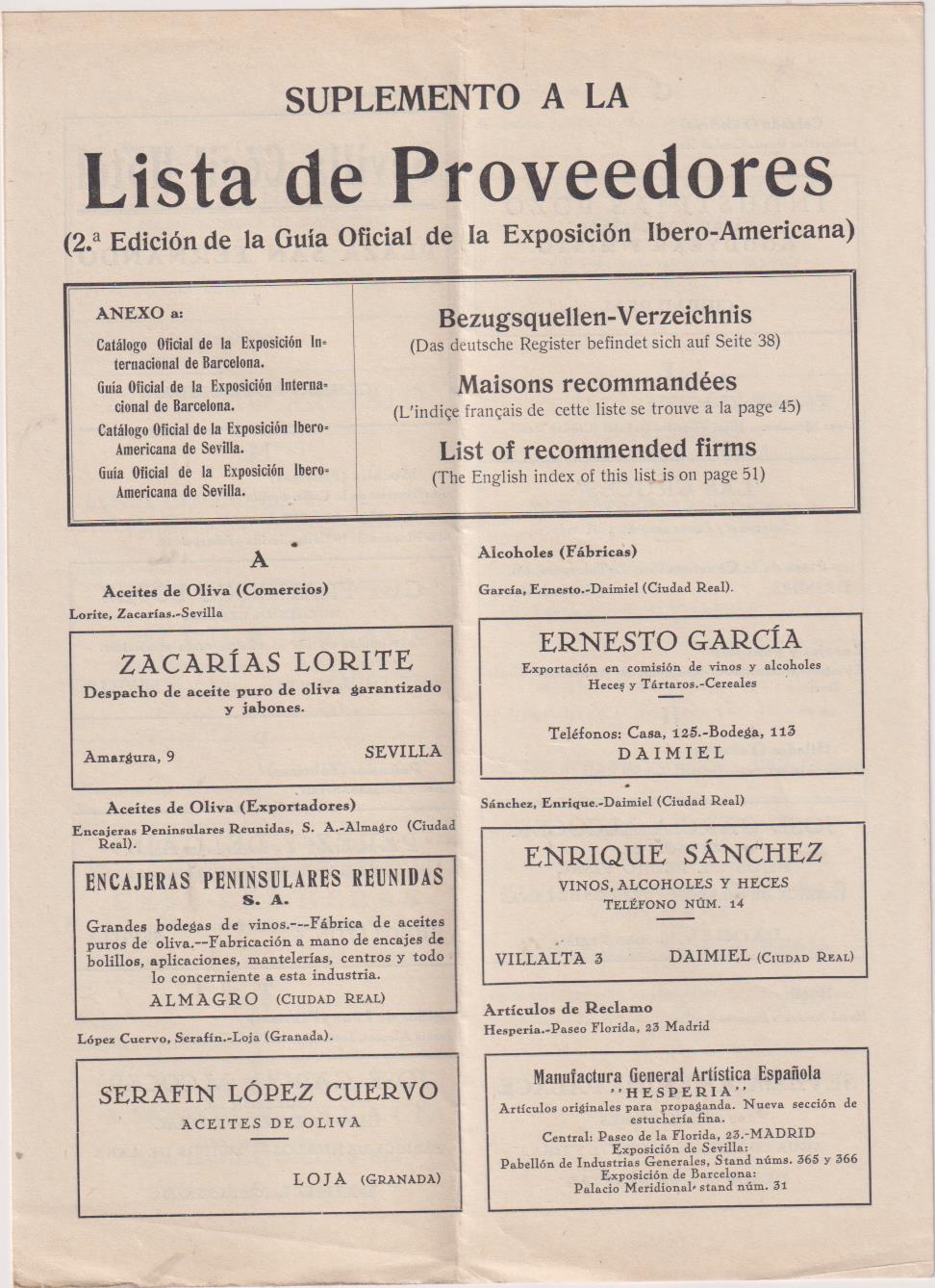 Suplemento a la Lista de Proveedores (2ª Edición de la Guía Oficial Exposición Ibero-Americana