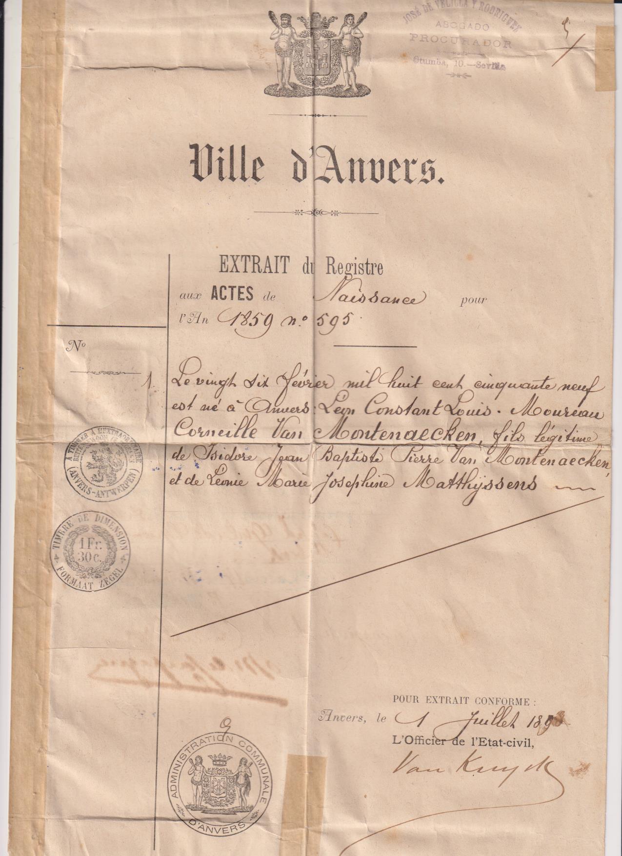 Partida de nacimiento, Anvers, 1898. Visto y firmado por el Consul Español. Timbres -