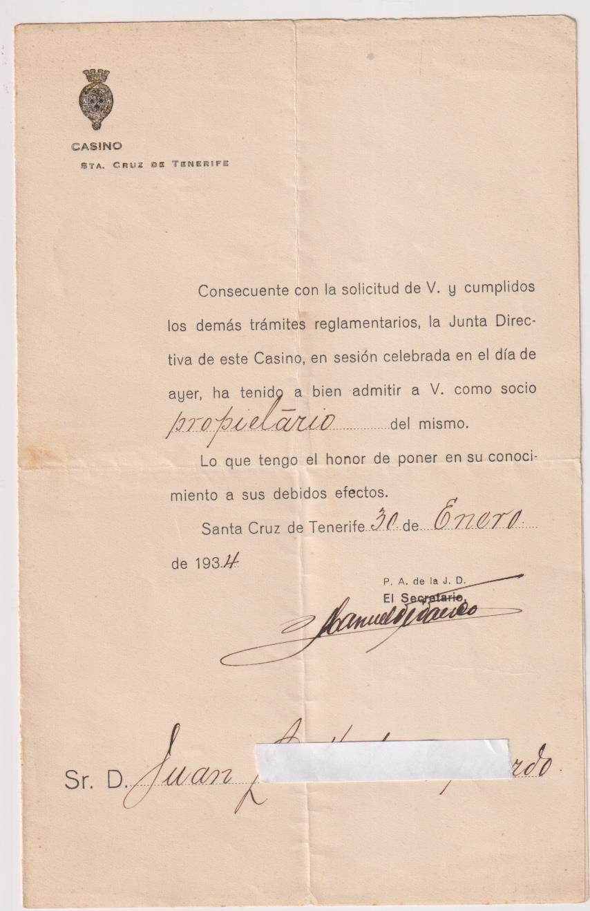 Casino Sta. Cruz de Tenerife. Admisión de un nuevo socio. Sta. Cruz de Tenerife 1934