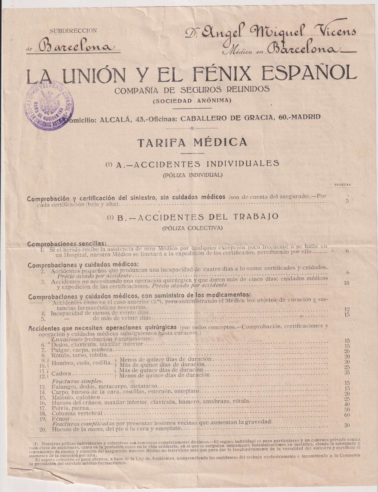 La Unión y El Fénix Español. Póliza de Tarifa Médica. Madrid m7 de Febrero 1918