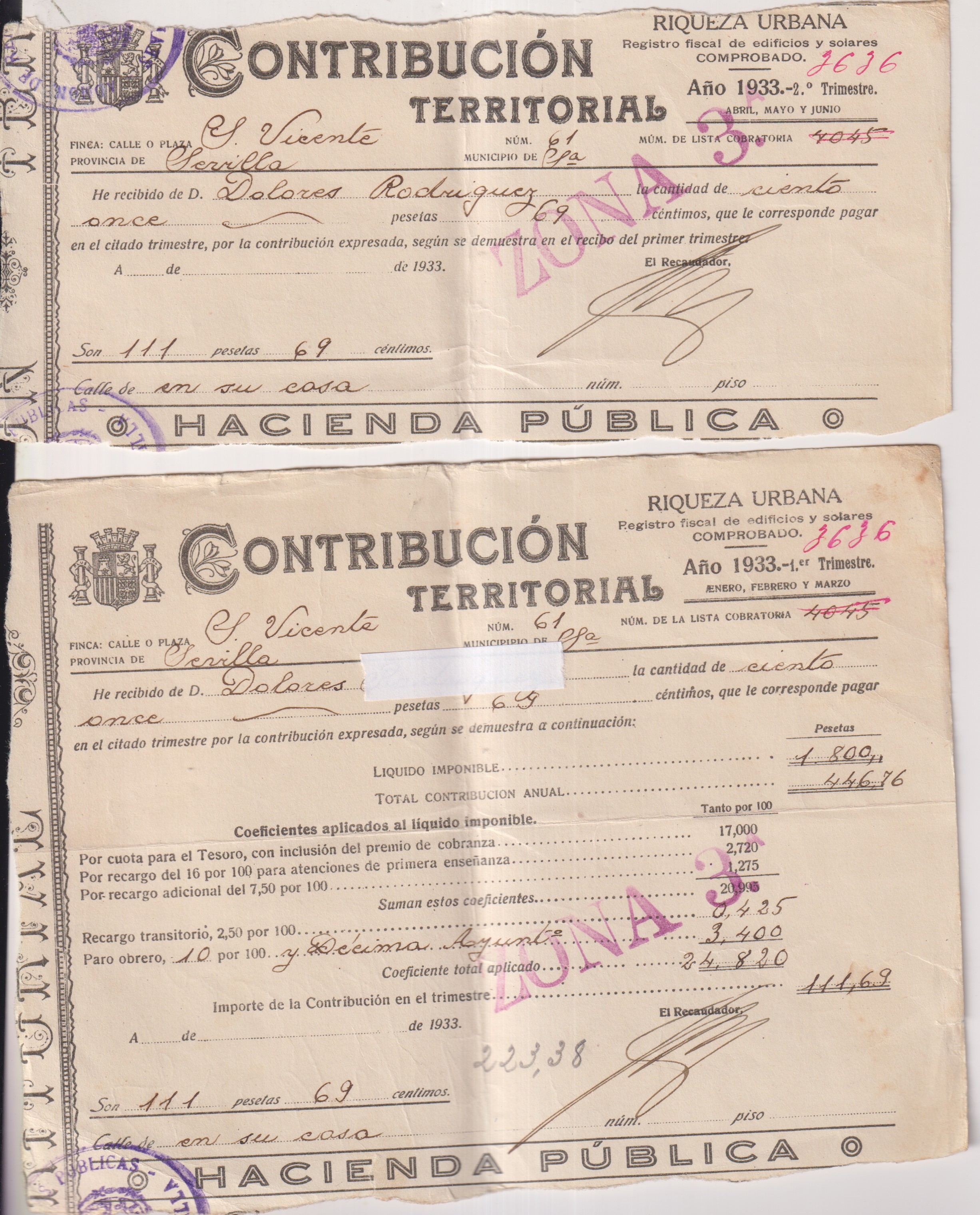 Contribución Territorial. Hacienda Pública. Dos recibos, año 1933
