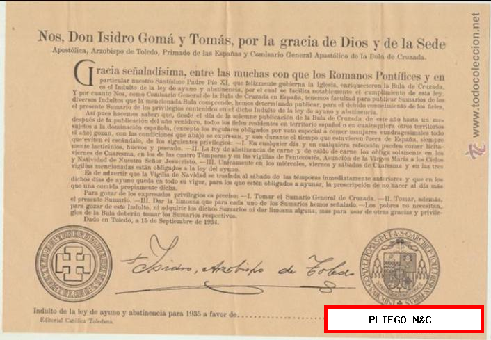 Indulto de la ley de Ayuno y abstinencia para 1935. Firmado Arzobispo de Toledo