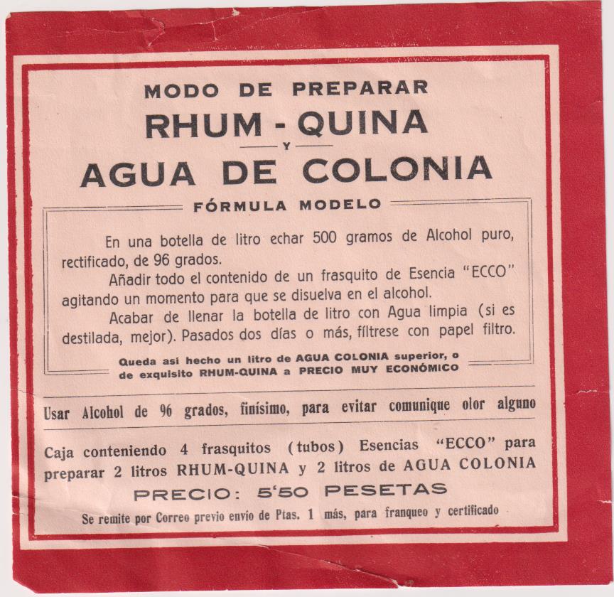Etiqueta (14x14 cms.) Modo de preparar Rhum-Quina y Agua de Colonia