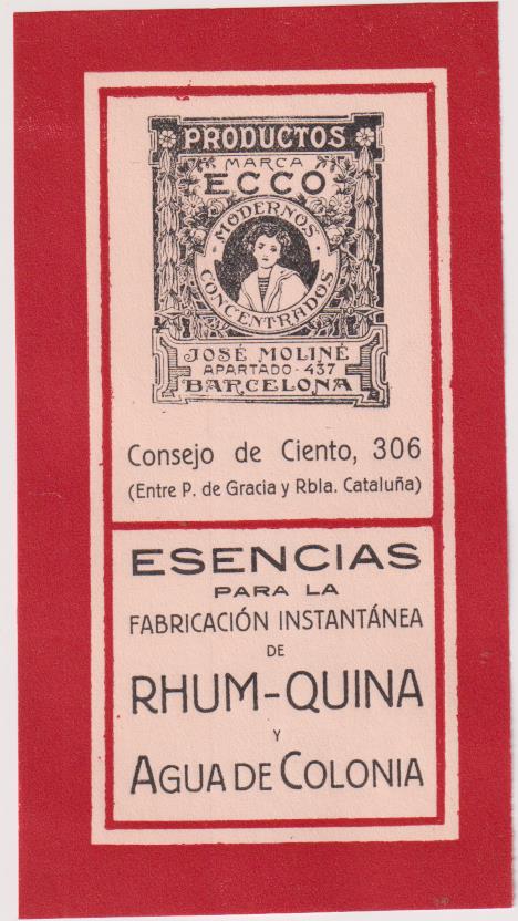Etiqueta. Esencias para la fabricación de Rhum-Quina y Agua de Colonia (18x7,5)