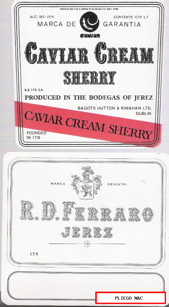 Lote de 2 etiquetas: Caviar Cream Sherry y R. D. Ferraro