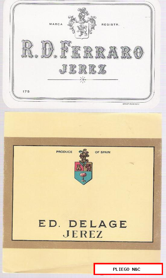 Lote de 2 etiquetas: R. D. Ferraro y ED. Delage. Jerez