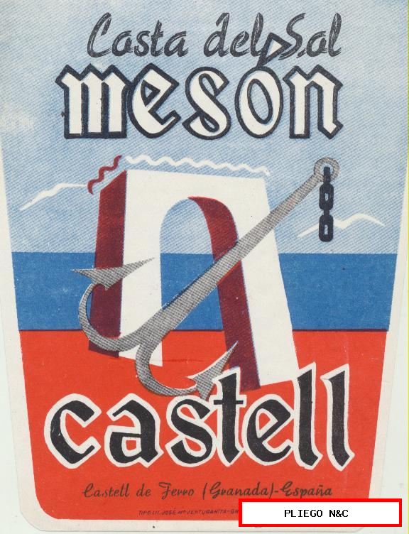 Etiqueta. Mesón Castell-Castel de Ferro-Granada. Con goma