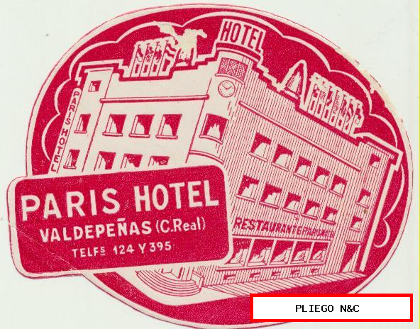 etiqueta. Paris hotel-valdepeñas. Con goma