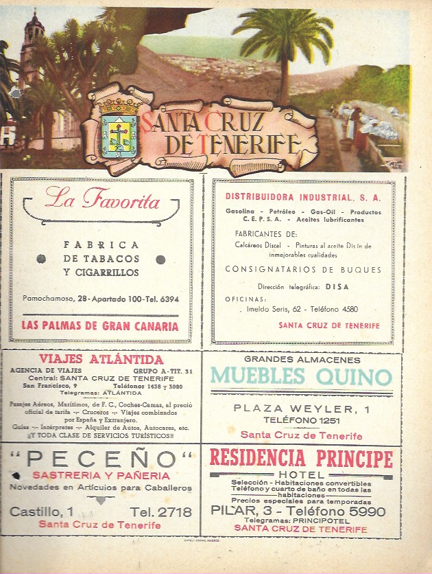 Mateu-Cromo. Lámina con publicidad y mapa de la provincia de Santa Cruz de Tenerife