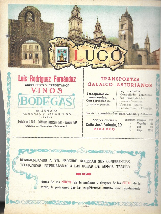 Mateu-Cromo. Lámina con publicidad y mapa de la provincia de Lugo