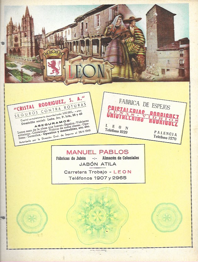 Mateu-Cromo. Lámina con publicidad y mapa de la provincia de León