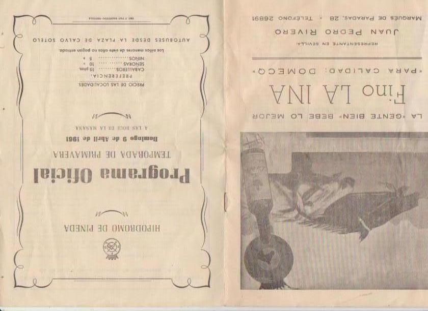 Hipódromo de Pineda. Programa Oficial. Temporada de Primavera 1961. 21,5x15,5. Tapas blandas, 8 páginas