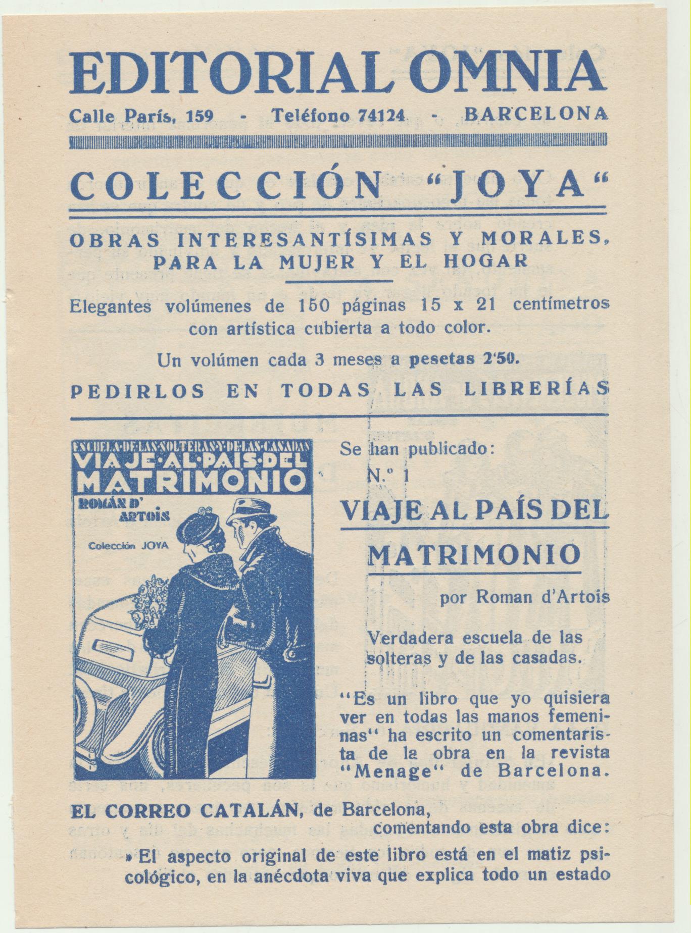 Editorial Omnia. Folleto publicitario (15,5x11) doble hoja. Publicidad de ejemplares de la COlécción Joya. Año 1935