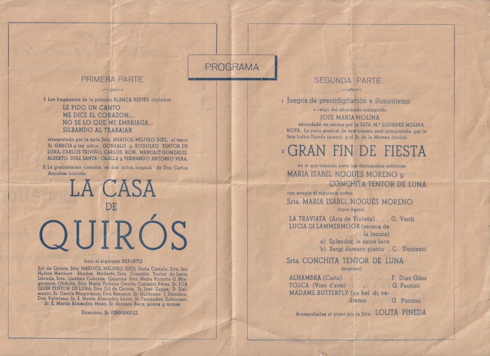 Teatro Cervantes. Málaga. Gran Festival Benéfico. La Comedia en dos actos de C. Arniches: La Casa de Quirós. Málaga 17 Junio 1946