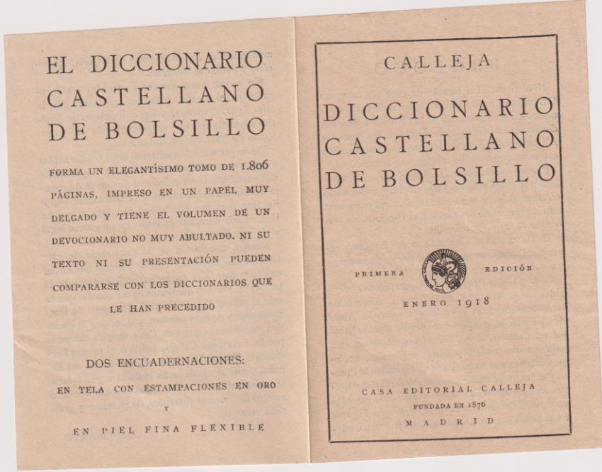 Folleto Publicitario (22x15) Diccionario Castellano de Bolsillo. Primera Edición Enero de 1918. Casa Editorial Calleja. Madrid