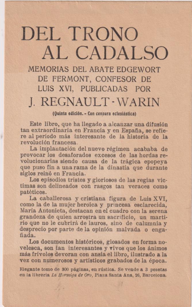Del Trono al Cadalso. J. Regnault-Arin. Hoja Publicitaria. La Hormiga de oro 1920