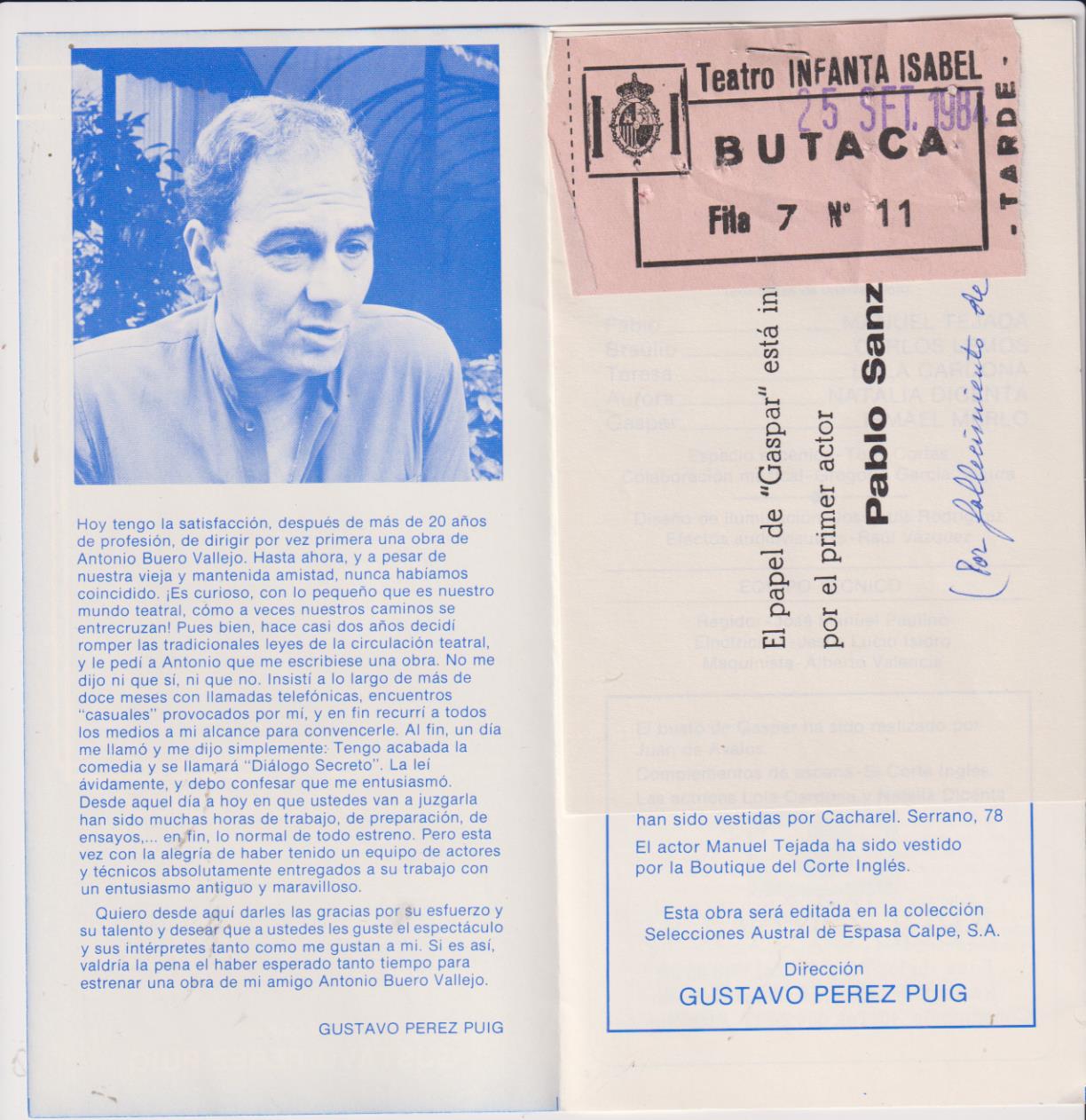 Teatro Infanta Isabel. Dialogo secreto de Antonio Buero Vallejo. Tríptico con la entrada de 25 Set. 1984