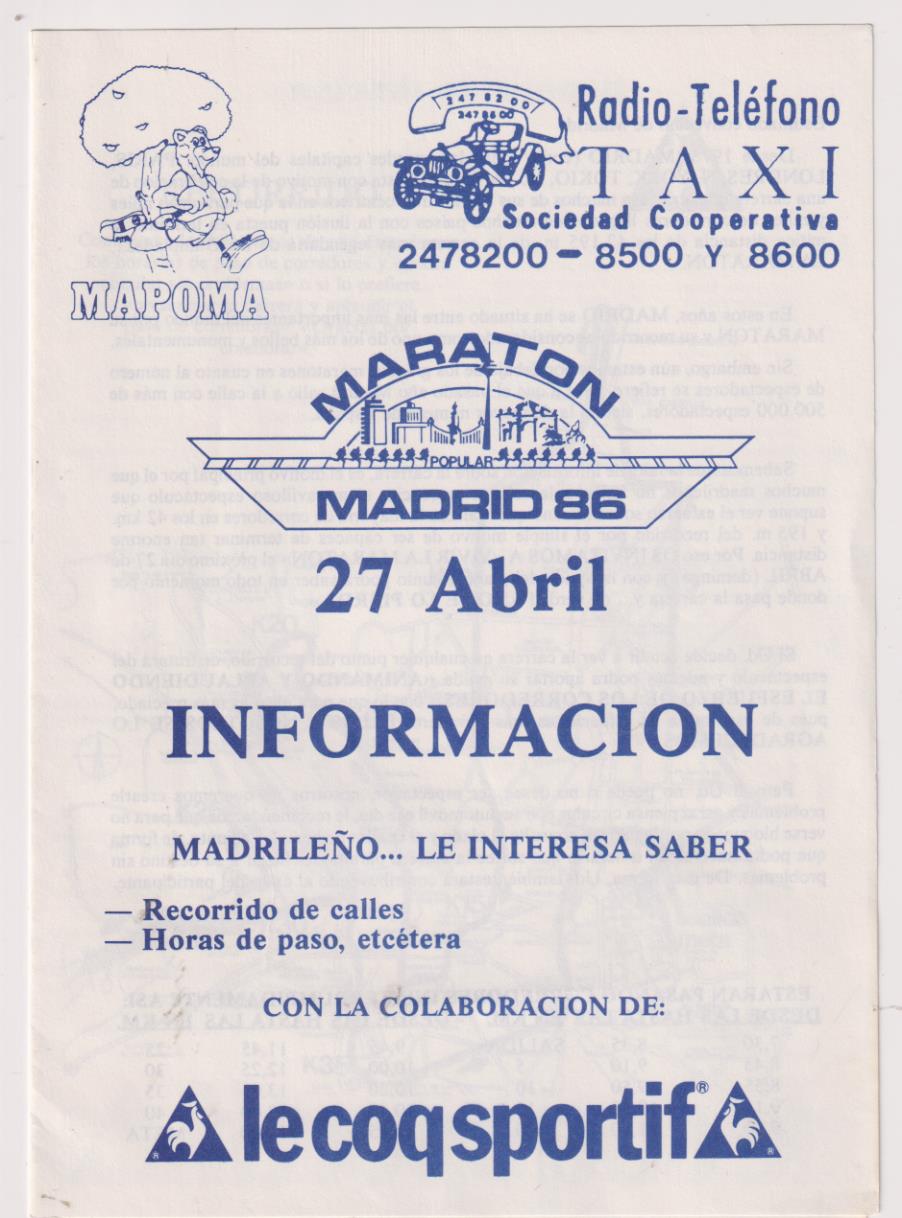 Maratón Madrid 86. 27 abril. Doble hoja