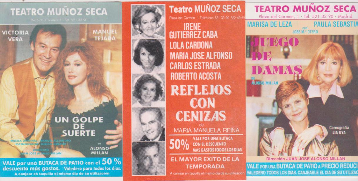 Teatro Muñoz Seca. Lote de 3 Vales descuento: Un golpe de suerte, Reflejos con cenizas y juego de Damas