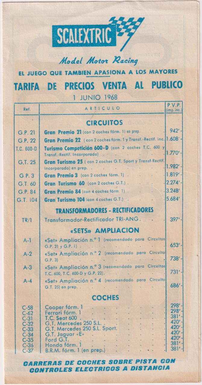 Scalextric. Tarifa de precios venta al público 1968 (21,5x11) doble hoja