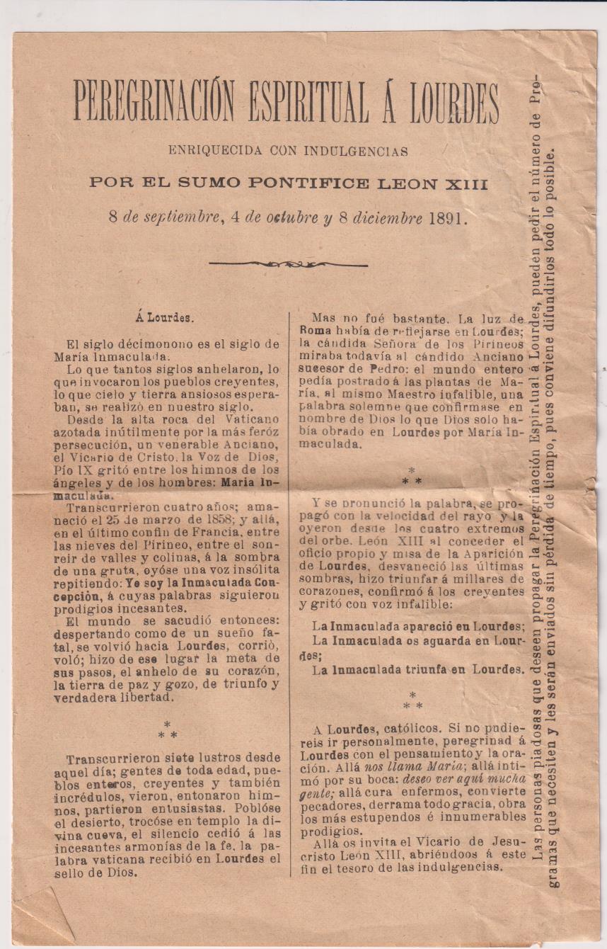 Doble Hoja. Peregrinación Espiritual a Lourdes, Con Indulgencias de León XIII, 1891