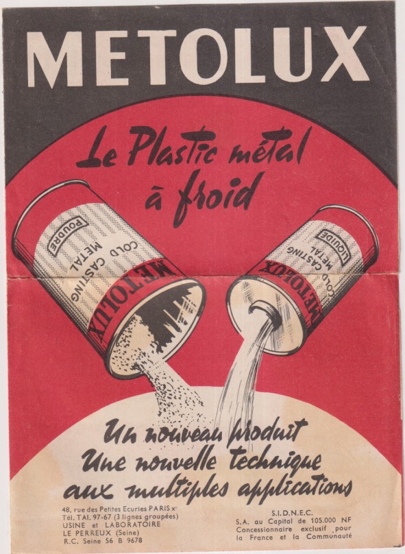 Metolux. Folleto publicitario Francés. (El Plástico Metal en frío.) doble Hoja