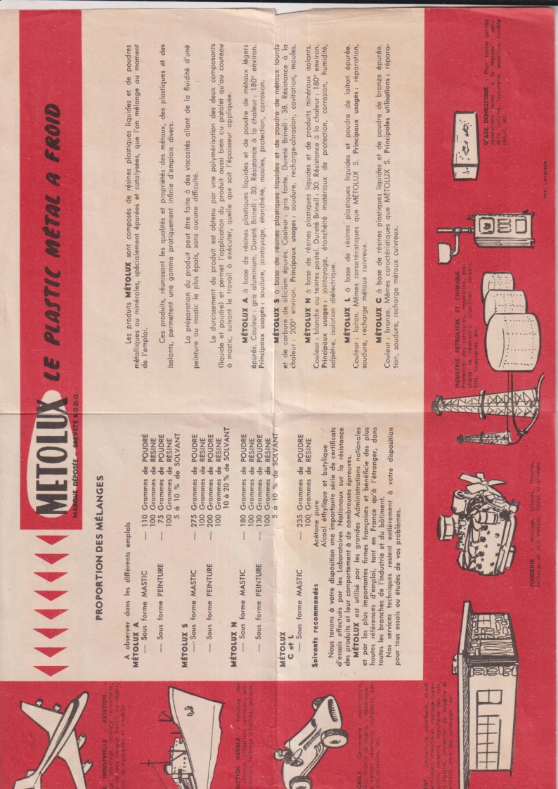 Metolux. Folleto publicitario Francés. (El Plástico Metal en frío.) doble Hoja