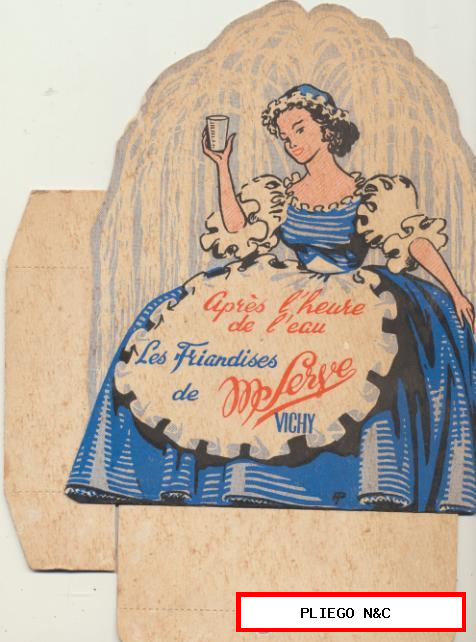 Publicidad de Agua de Vichy. Cartón (23x17) montable para mostrador. Aprés l´Heure de l´eau. Les Friandises de M Serve. VICHY