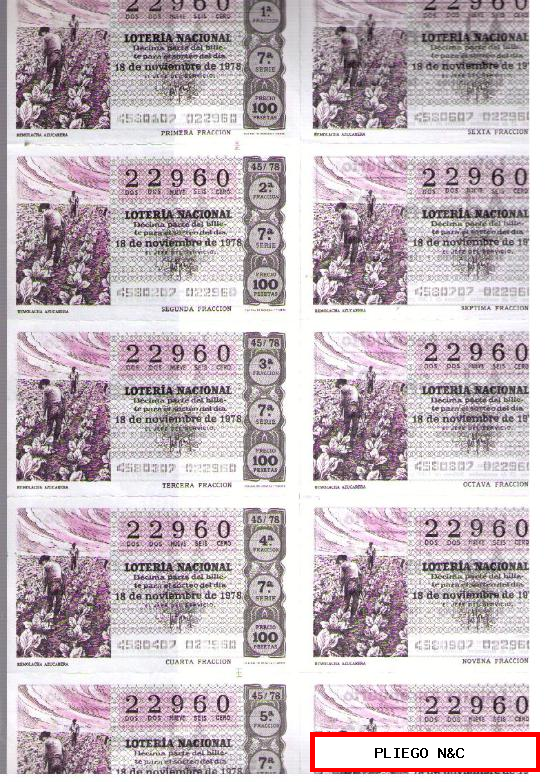Lotería. Serie 7ª del 22960 18 Nov. 1978