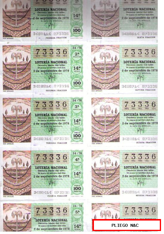 Lotería. Serie 14ª del 73336. 2 Sept. 1978