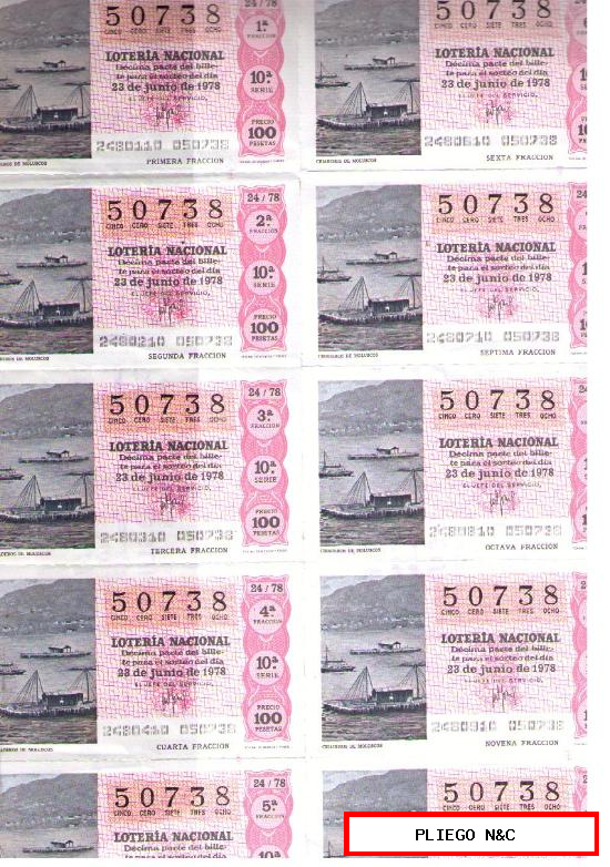 Lotería. Serie 10ª del 50738. 23 Junio 1978