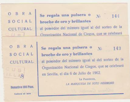 Obra Social cultural. 2 boletos para la rifa de una pulsera de oro y Brillantes Por El cupón de la Once. Sevilla 1962