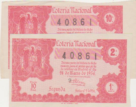 Lotería Nacional. 2 Décimos para el 26 Marzo 1956
