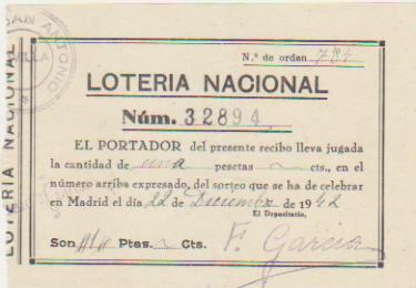 Lotería Nacional. Participación para Navidad de 1942