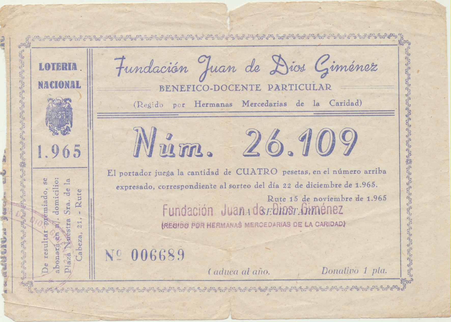 Participación de Loterías, Navidad 1965. Fundación San Juan de dios
