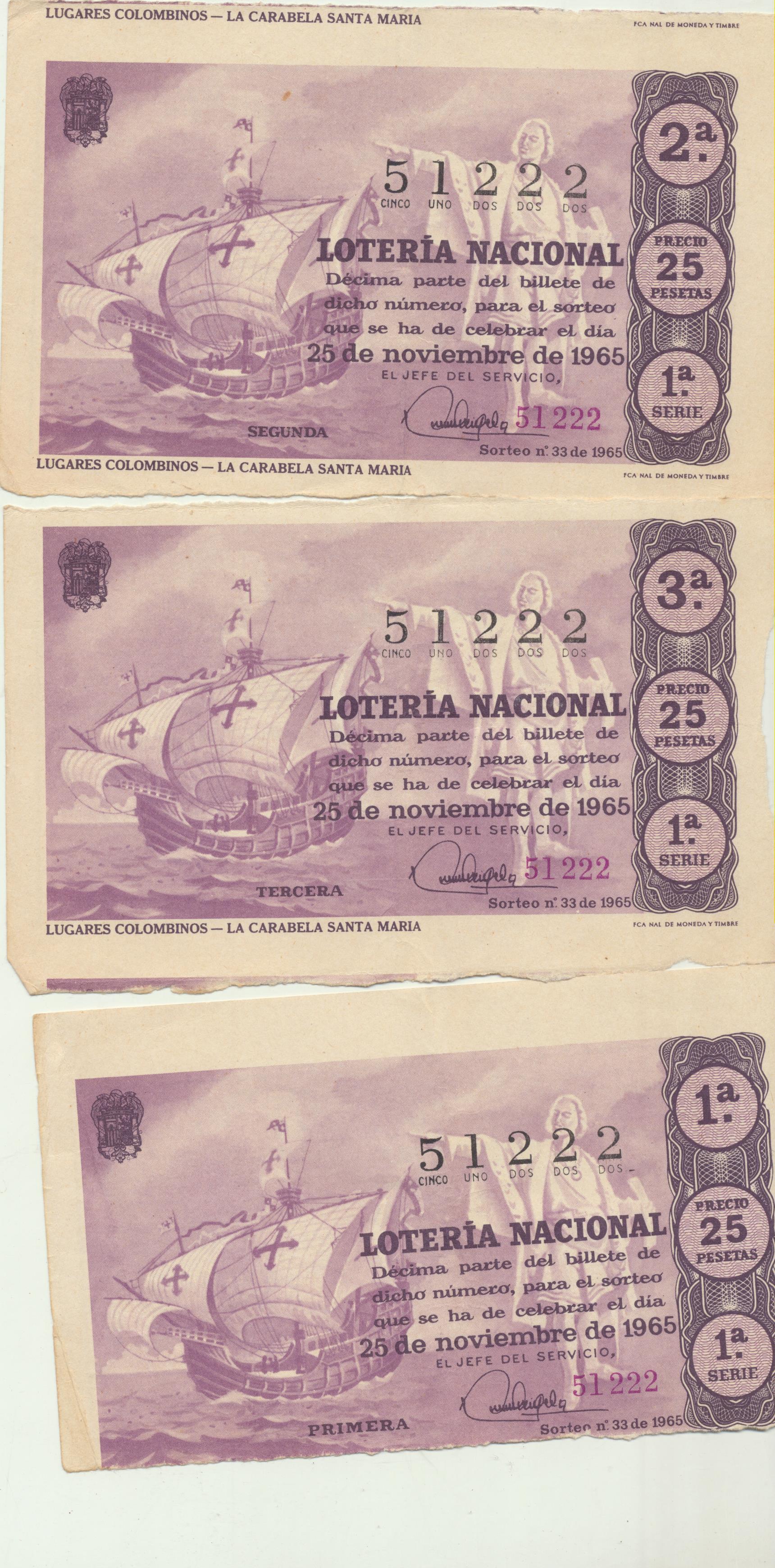 3 Décimos de lotería. 25 de Noviembre de 1965