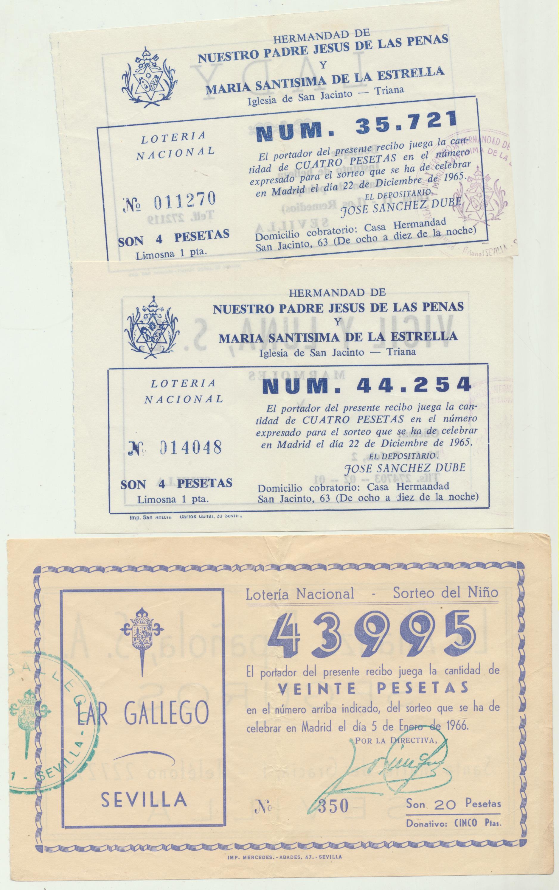 Lote de 3 participaciones de Lotería. Sevilla: Navidad de 1965 y El Niño de 1966