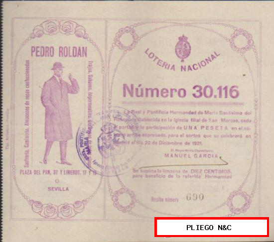 Participación de Navidad de 1921. Con publicidad de Almacenes Pedro Roldán. Sevilla