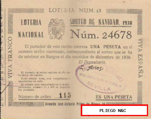Participación de Navidad de 1938. Con Vivas a Franco y a España. Sevilla