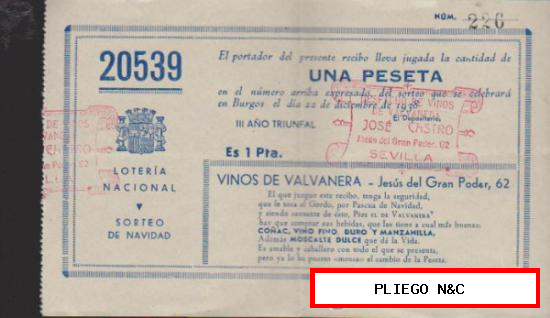 Participación de Navidad de 1938 III Año Triunfal. Vinos Valvanera Sevilla